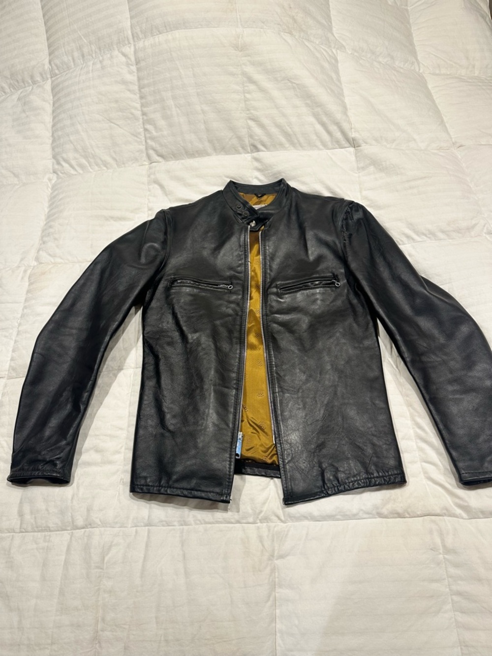 Becks Vintage Leather Men's Black Cafe Racing Jacket with Mustard Lining